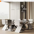 Modern Dining Table Set With White Black Chairs Pendant Lights And Bookshelf By Window