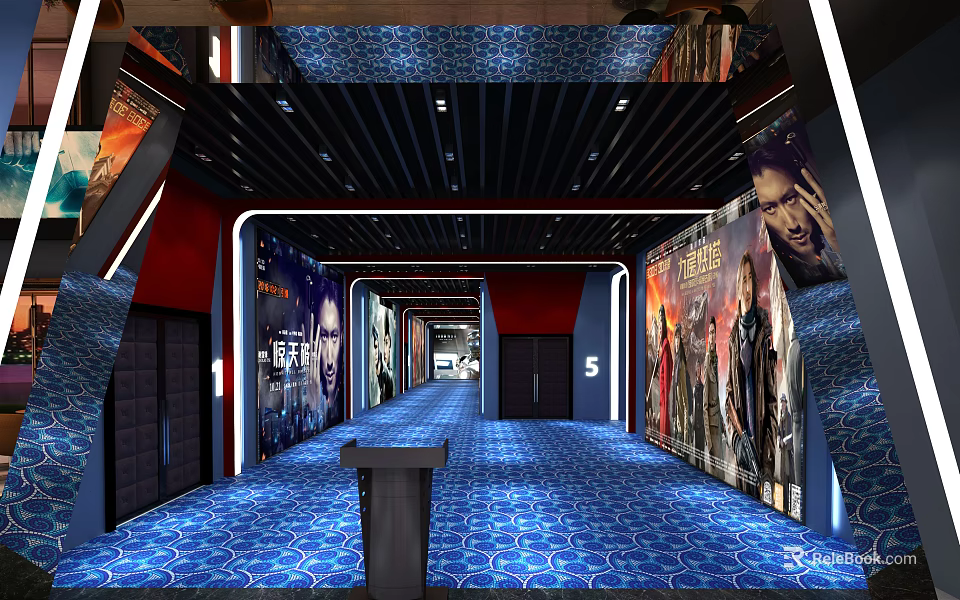 Modern Cinema Hallway With Blue Carpet Movie Posters Lighting And Hall Number Sign 3d model 