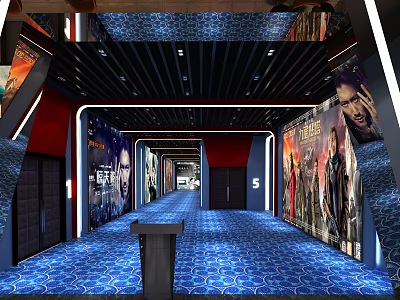 Modern Cinema Hallway With Blue Carpet Movie Posters Lighting And Hall Number Sign 3d model