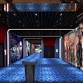 Modern Cinema Hallway With Blue Carpet Movie Posters Lighting And Hall Number Sign