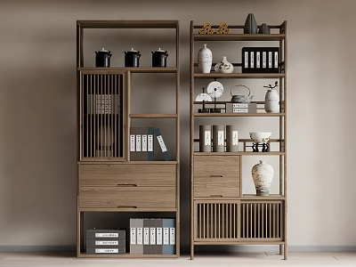 Modern Wooden Display Shelf with Open Shelves Ceramic Vases Books and Ornaments 3d model