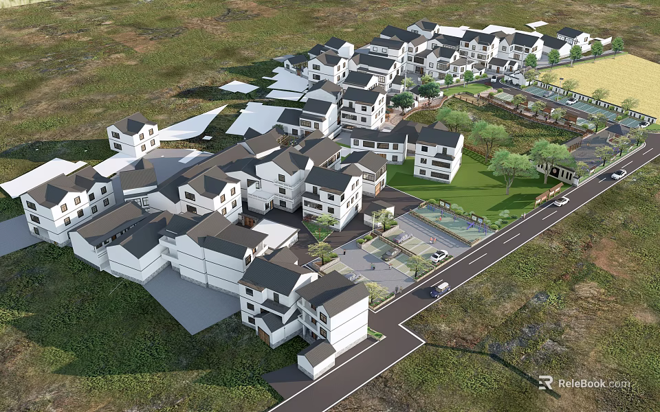 Modern Residential Community with White Buildings Dark Roofs and Green Lawns in Aerial View 3d model 