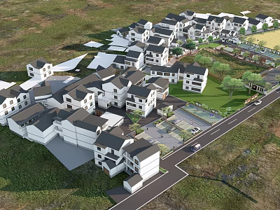 Modern Residential Community with White Buildings Dark Roofs and Green Lawns in Aerial View 3d model