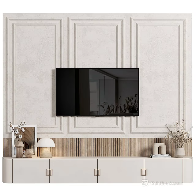 Elegant Modern TV Background Wall With Paneled Design And Wooden Striped Accents 3d model 