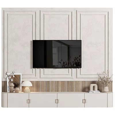 Elegant Modern TV Background Wall With Paneled Design And Wooden Striped Accents 3d model