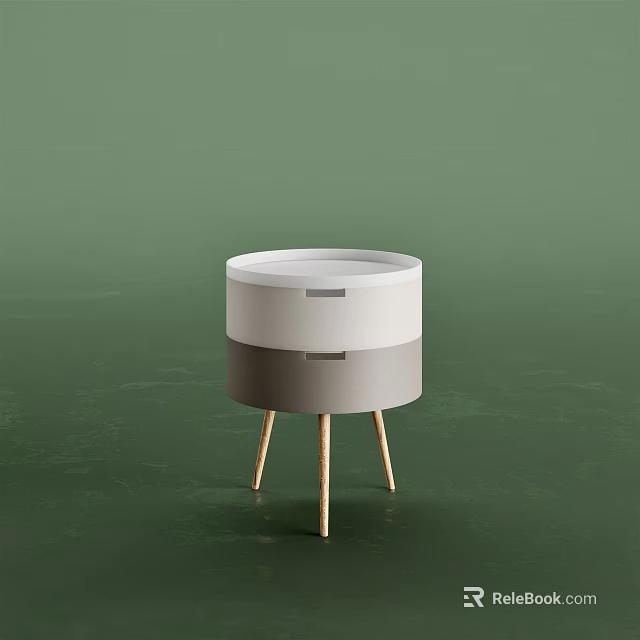 Modern Round Nightstand With White Gray Layers And Wooden Legs 3d model 