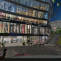 Modern Sky Mall Night Scenery With Glass Facade Bright Lights Slide And Plaza Near High Rise Buildings