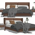 Modern Double Bed With Brown Headboard Gray Comforter Plaid Blanket And Nightstand Decorations