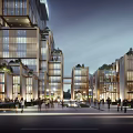 Modern High Rise Office Building With Glass Curtain Wall And Green Plants On Urban Street