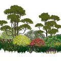 Lush Garden Landscape Featuring Tall Arbor Trees And Colorful Flower Bushes