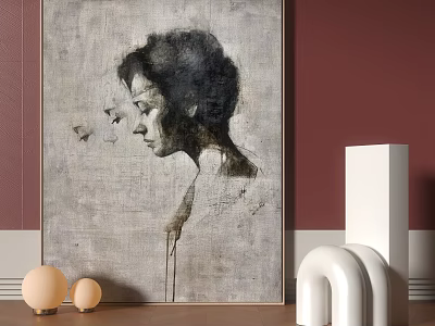 Abstract Painting with Grayscale Drip Effect on Red Wall Wooden Floor and Modern White Sculptures 3d model