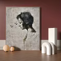 Abstract Painting with Grayscale Drip Effect on Red Wall Wooden Floor and Modern White Sculptures
