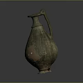 Ancient Worn Carved Ceramic Jug With Handle And Textured Surface Details