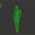 Woman In Green And Blue Patterned Dress With Beige Knee High Boots On Gray Background