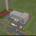 Aerial Planning of Fire Station with Fire Trucks Basketball Court Road and Greenery