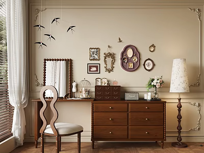 Wooden Dressing Table With Decorative Frames Round Wall Decor Matching Chair And Table Lamp 3d model