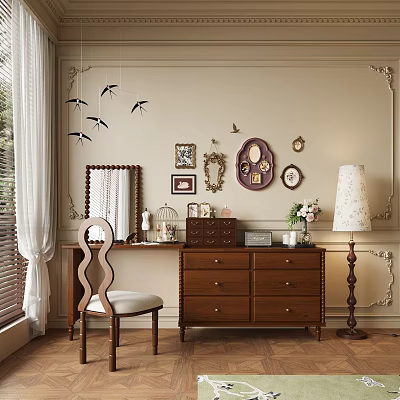Wooden Dressing Table With Decorative Frames Round Wall Decor Matching Chair And Table Lamp 3d model