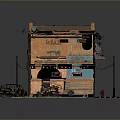 Scenic Weathered Orange Building With Blue Accents Old Motorcycles Tricycles Puddled Ground and Zebra Crossing