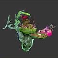 Stylish Modern Interior Decor With Small Floating Green Island And Pink Ornamental Trees