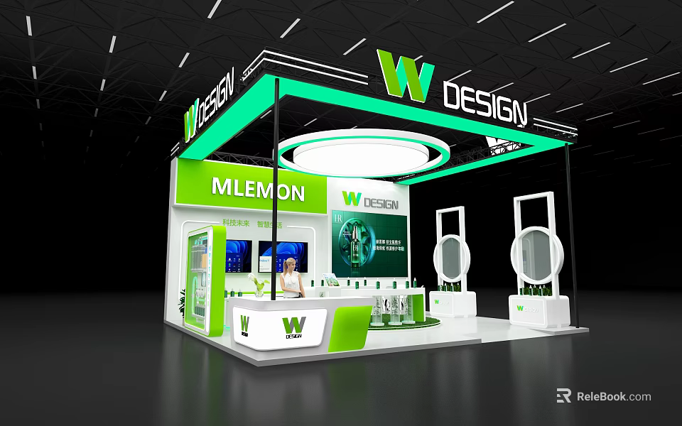 MLemon W DESIGN Store Green And White Exhibition Booth With Bottles Display And Digital Screens 3d model 