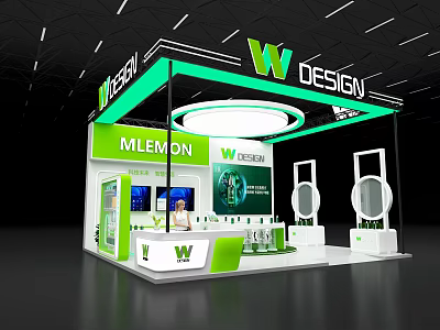 MLemon W DESIGN Store Green And White Exhibition Booth With Bottles Display And Digital Screens 3d model