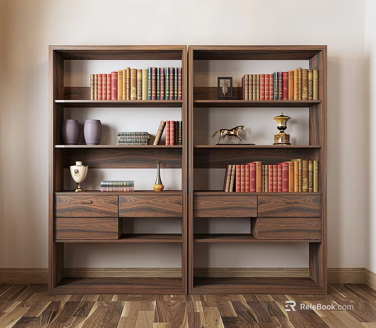 Wooden Twin Bookshelf With Open Shelves Arranged Books Vases Photo Frame And Decorative Items 3d model 