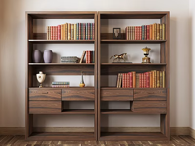 Wooden Twin Bookshelf With Open Shelves Arranged Books Vases Photo Frame And Decorative Items 3d model