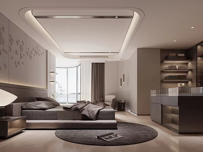 Modern Bedroom Interior With Comfortable Bed Gray Rug And Decorative Wall Patterns 3d model