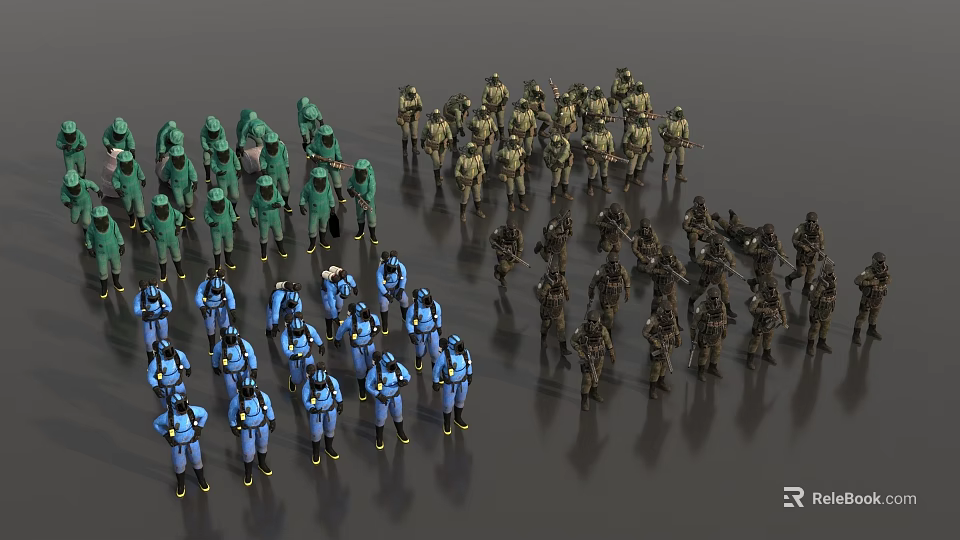 Colorful Soldier Models Forming Military Teams With Different Uniform Colors 3d model 