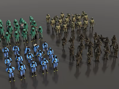 Colorful Soldier Models Forming Military Teams With Different Uniform Colors 3d model