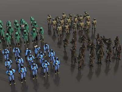 Colorful Soldier Models Forming Military Teams With Different Uniform Colors 3d model