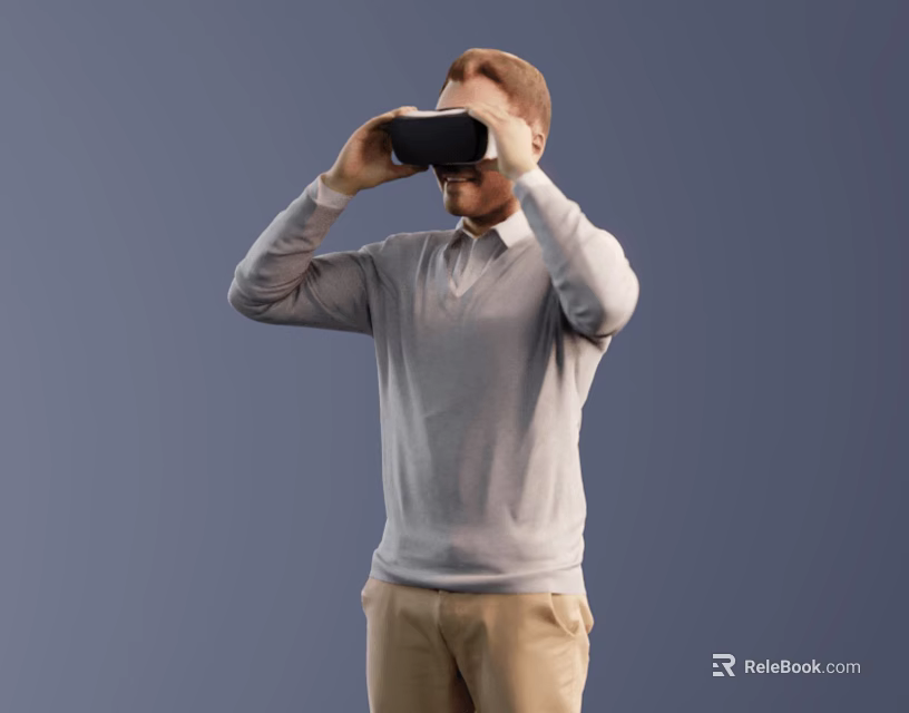 A Man Wearing VR Headset Adjusting With Gray Sweater Khaki Pants Against Gray Background 3d model 
