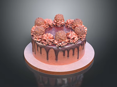 Delicious Chocolate Cake With Drizzle Cream Swirls And Truffles On Serving Plate 3d model