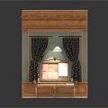 Vintage Wooden Display Corner With Dark Curtains Bulletin Board And Wooden Table Items