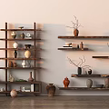 Wooden Shelves With Multiple Tiers Display Decorative Vases And Pottery In Interior