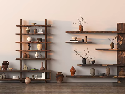 Wooden Shelves With Multiple Tiers Display Decorative Vases And Pottery In Interior 3d model