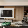 Modern Luxury Living And Dining Room With Black Leather Sofa And Green Marble Coffee Table