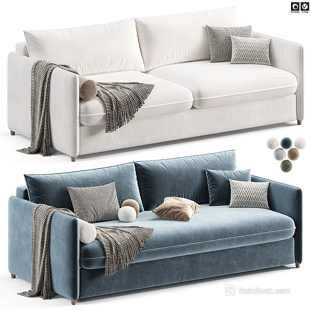 White and Blue Two-Seater Sofa with Knit Blanket Throw Pillows and Decorative Balls 3d model 