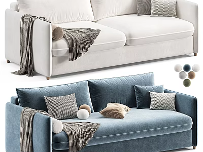 White and Blue Two-Seater Sofa with Knit Blanket Throw Pillows and Decorative Balls 3d model