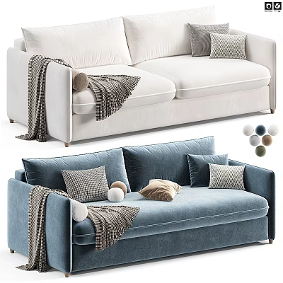 White and Blue Two-Seater Sofa with Knit Blanket Throw Pillows and Decorative Balls 3d model