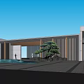 Modern Entrance Gate Design With Wooden Structure Water Pool And Pine Tree Under Clear Sky