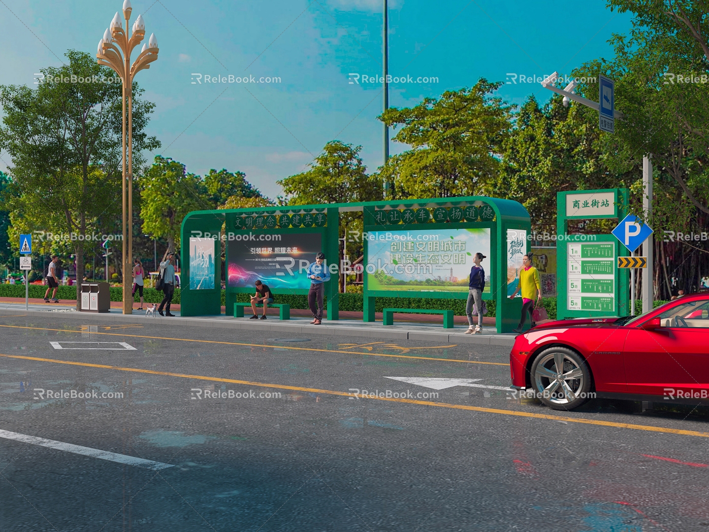 Road facilities for outdoor components of bus station 3d model