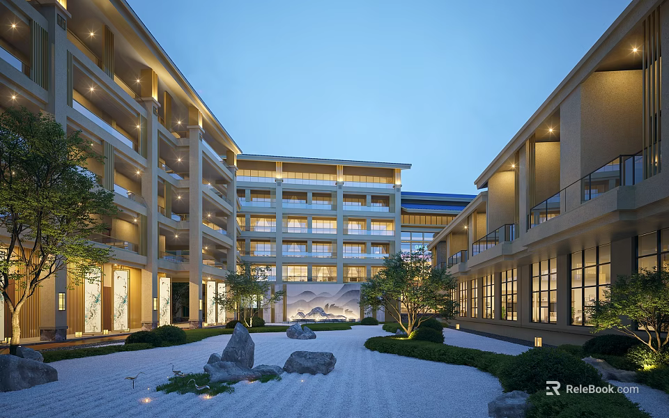 Traditional Chinese Style Hotel Building Courtyard Night View With Lighting Green Plants And Stones 3d model 