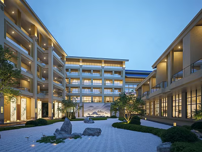 Traditional Chinese Style Hotel Building Courtyard Night View With Lighting Green Plants And Stones 3d model