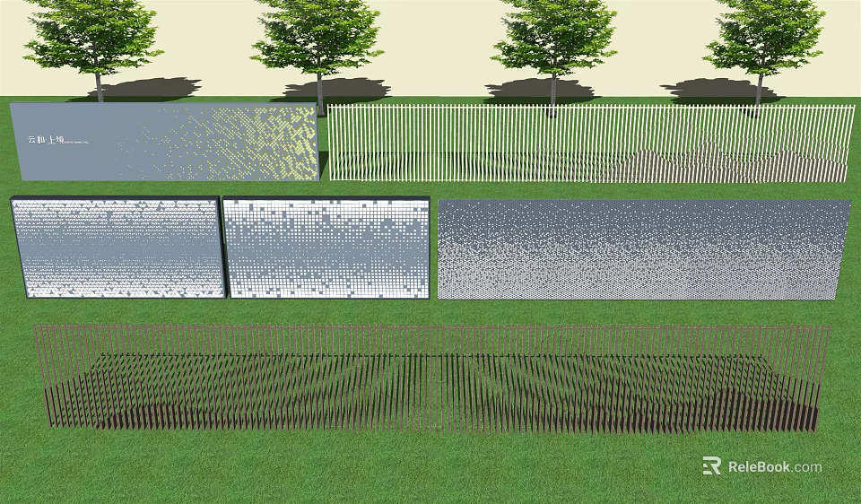 Modern Garden Wall Design With Patterned Panels Green Grass And Trees 3d model
