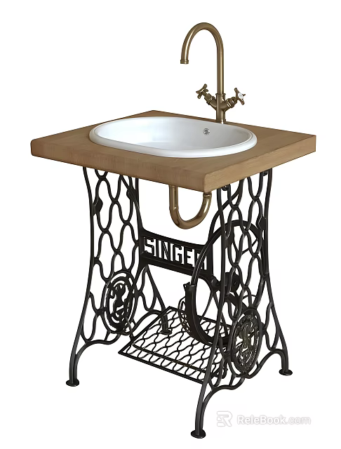 Vintage White Washbasin On Wooden Countertop With Iron Sewing Machine Base And Brass Faucet 3d model 