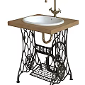 Vintage White Washbasin On Wooden Countertop With Iron Sewing Machine Base And Brass Faucet
