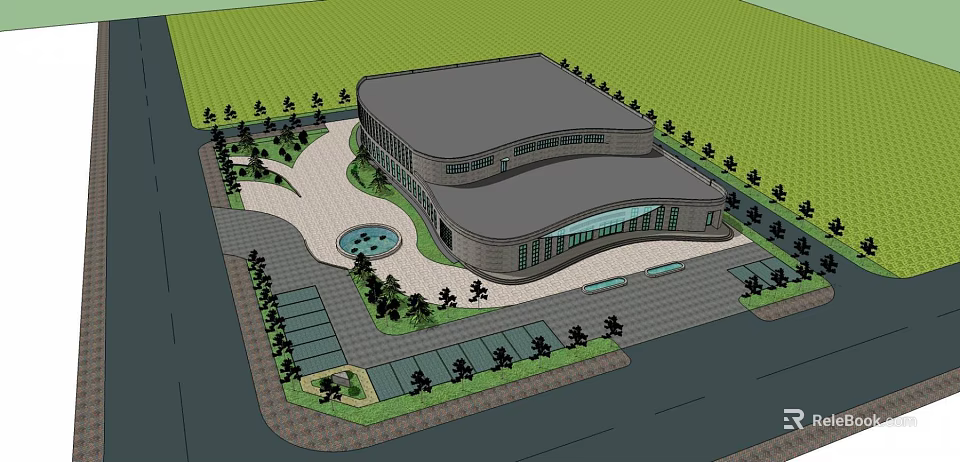 Modern Commercial Building Exterior With Landscaping Parking Area And Fountain 3d model 