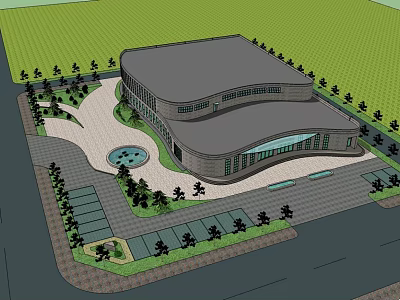 Modern Commercial Building Exterior With Landscaping Parking Area And Fountain 3d model