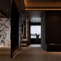 Modern Living And Dining Area Interior With Dark Ceiling Leather Sofa And Wine Cabinet